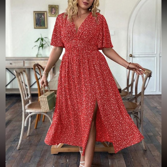 Boho Plus Size Floral Print Slit Smocked Print Dress - Picture 3 of 7